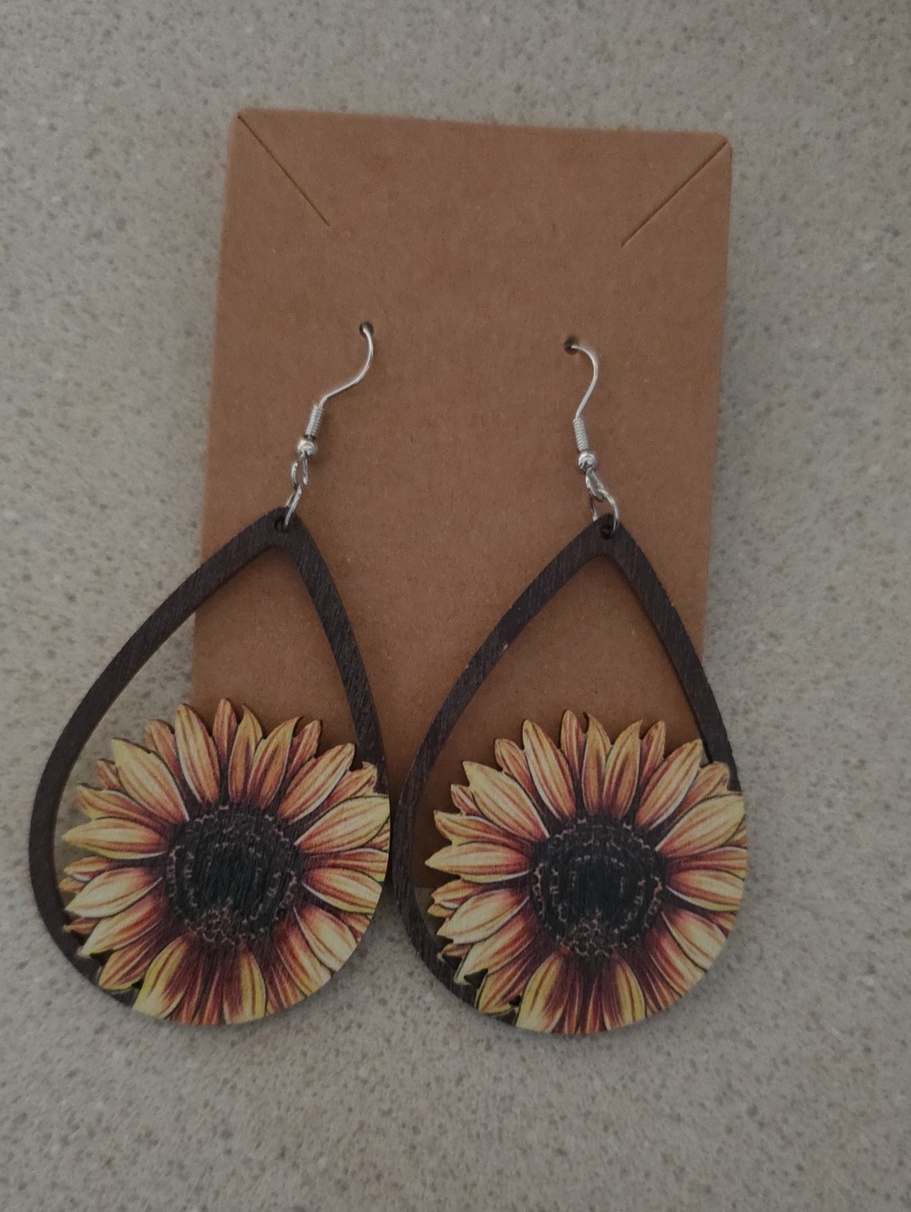 Sunflower Teardrop Dangle Earrings - Brown & Yellow -